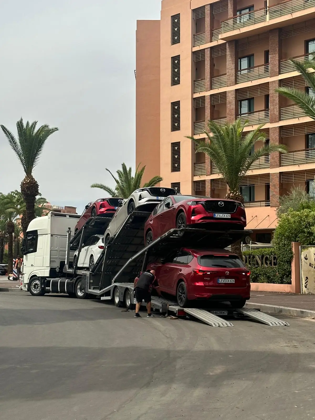 An ICM transporter loaded with cars on a Mediterranean street lined with palm trees